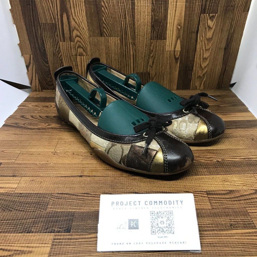 $295 COACH Jenilee Tan Brown Gold Logo Patchwork Ballet Flats Shoes Loafer 8 M